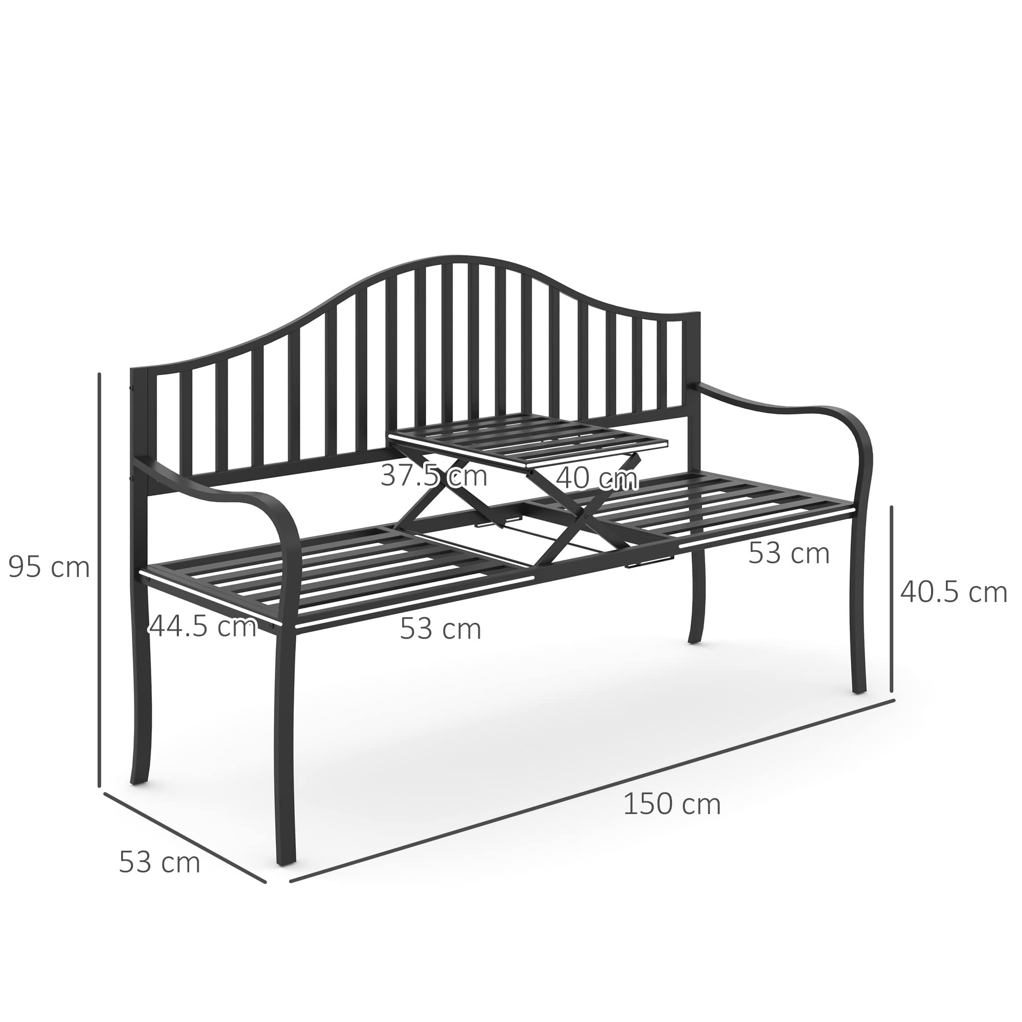 Outsunny Panchina da Esterno a 2 Posti, Panchina da Giardino con Tavolino Estensibile in Metallo 150 x 53 x 95 cm Nero
