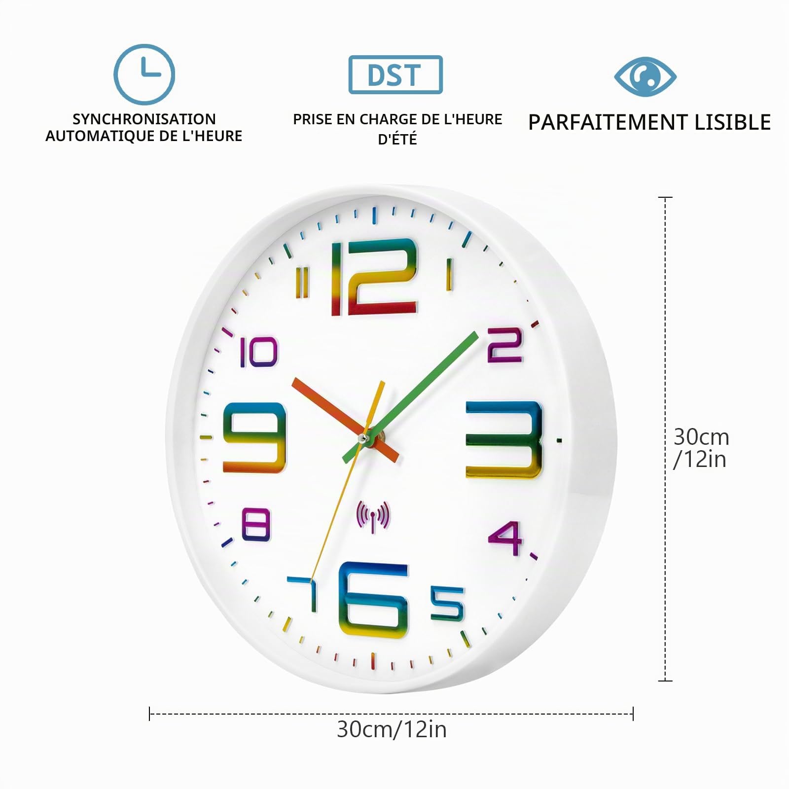 VIVILINEN Horloge Murale Radio Pilotée Silencieuse 30cm sans tic-tac Pendule à Grands Chiffres pour Chambre Cuisine Salon Automatique (Blanc)