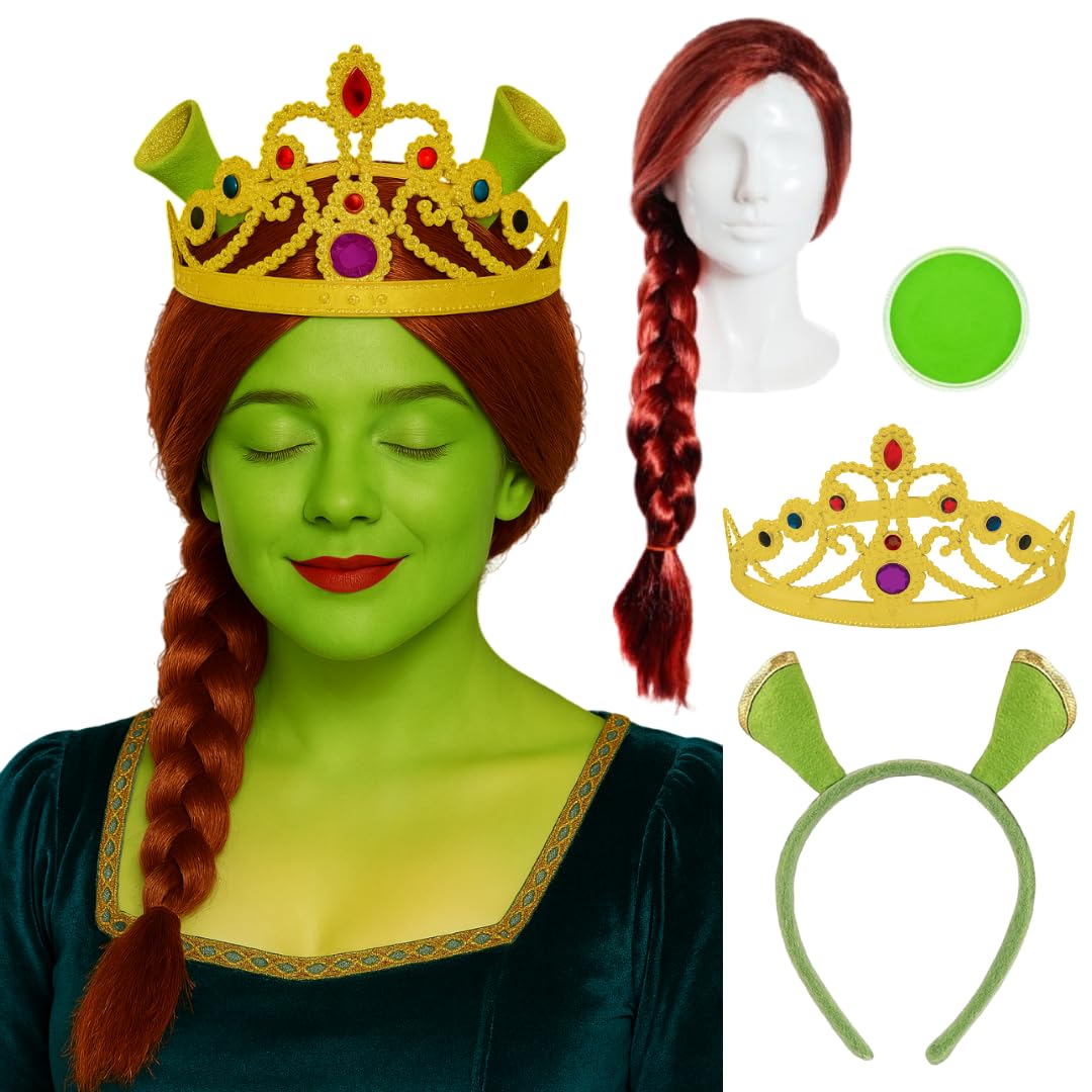 Juego de princesa ogro – Peluca trenzada roja, diadema de orejas de ogro, corona de tiara ajustable y pintura facial verde – Kit de accesorios de disfraz de película de cuento de hadas para adultos