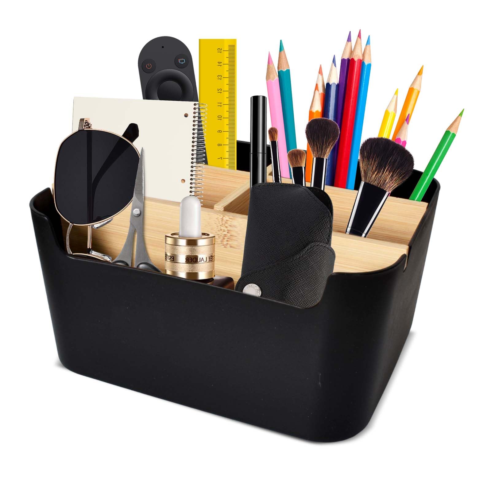 Naapesi Black 5 Compartments Desk Organiser, Plastic Wooden Desk Stationery Storage Box, Multifunctional Removable Desktop Holder Storage Caddy For Remote Control, Cosmetics, Pens, Glasses (Black)