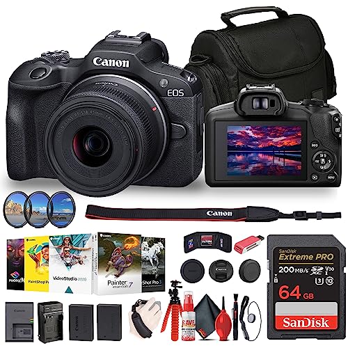 Canon EOS R100 Mirrorless Camera with 18-45mm Lens (6052C012) + Filters + Corel Photo Software + Bag + 64GB Card + LPE17 Battery + Charger + Card Reader + Flex Tripod + Cleaning Kit + More (Renewed)