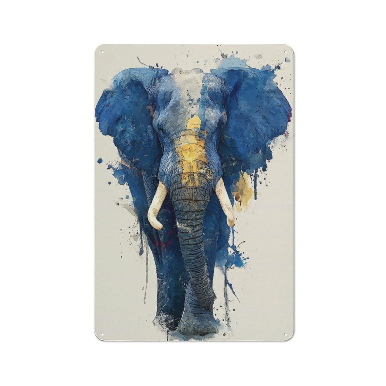 Junmoney Style-18 Metal Gift Sign With Watercolor Elephant Portrait Design 30X20cm, Character Room Wall Plaque For Flat, Dorm Room, Lounge Or Cafe