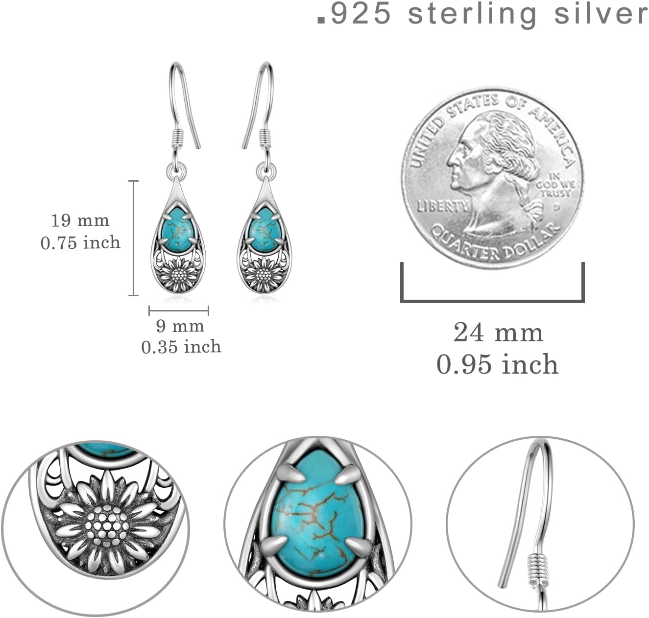 Sunflower Turquoise Earrings 925 Sterling Silver Genuine Turquoise Sunflower Earrings Western Nature Gemstone Turquoises Jewelry Gifts for Women - Image 6
