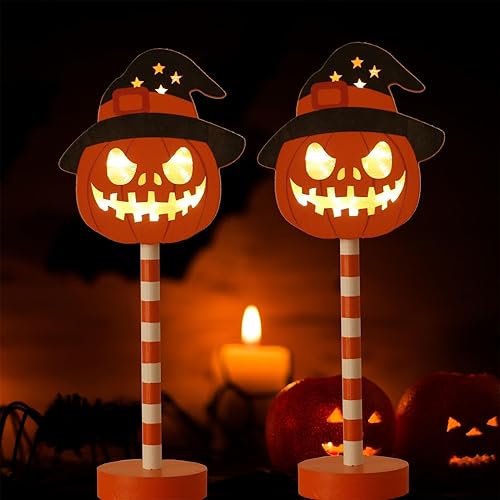 Decoraciones de Halloween, 2 lámparas de calabaza iluminadas, para interiores y exteriores, luces decorativas de calabaza iluminadas, funciona con