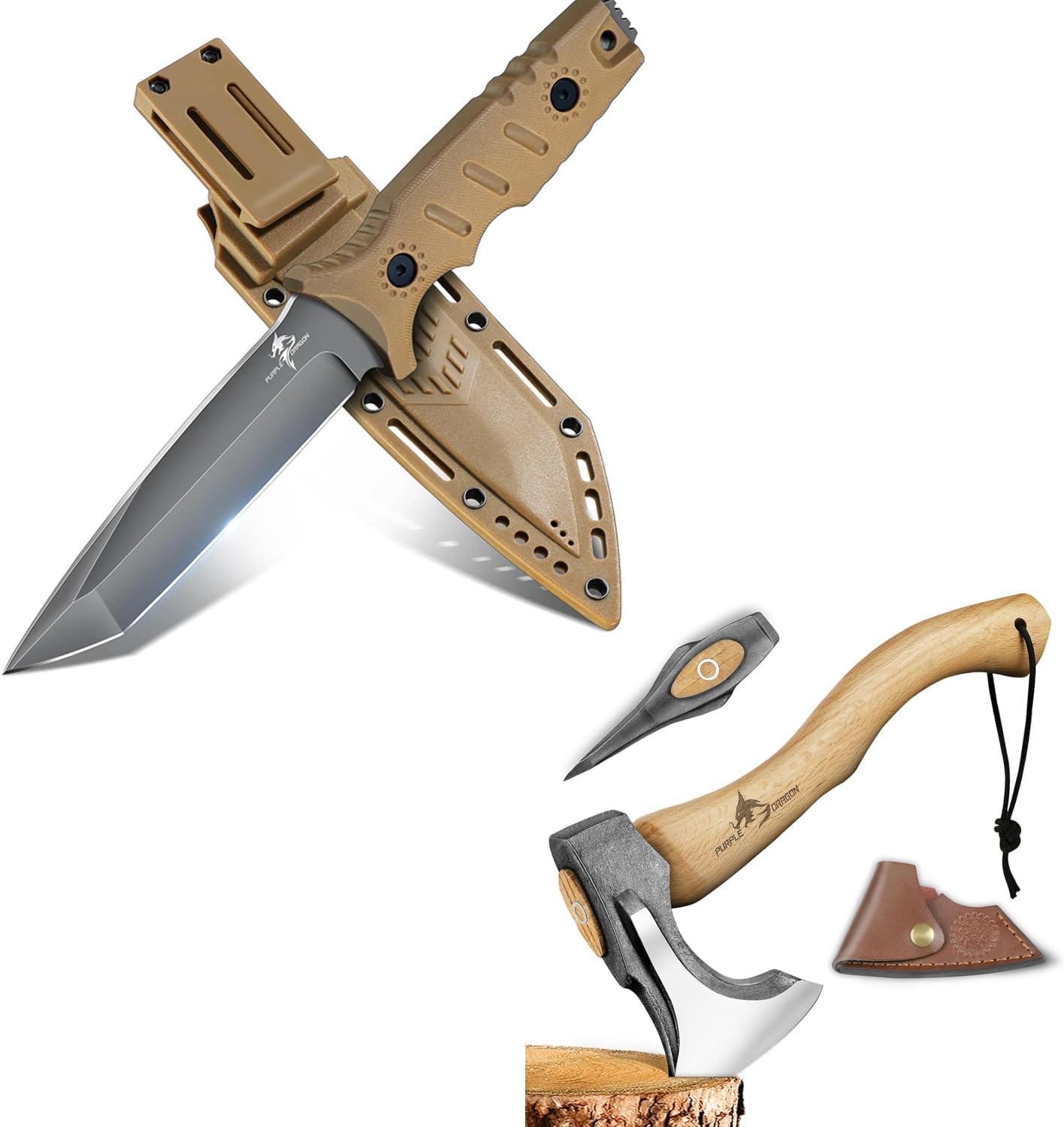 Purple Dragon Camping Hatchet Splitting Axe Bundle with Full Tang Survival Knife with Sheath