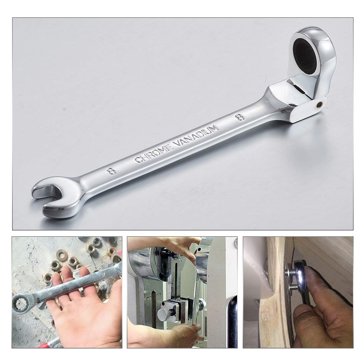 KATUR Chiave combinata a cricchetto 8 mm, chiave a cricchetto con testa flessibile, design industriale a doppio uso, utensile metrico professionale in acciaio al cromo vanadio