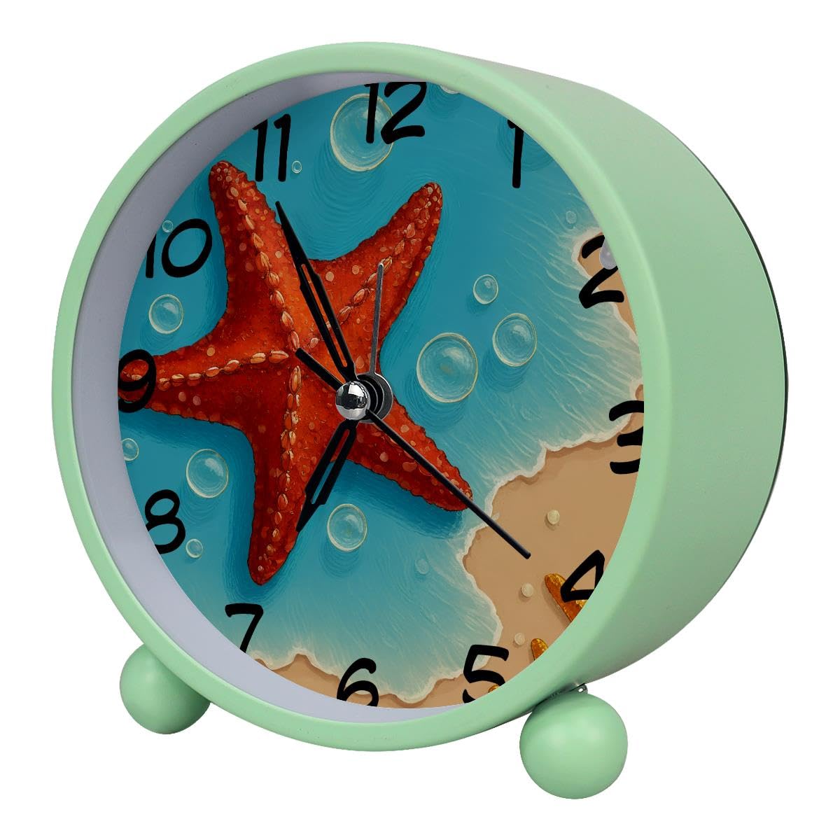Luoweisi Analog Alarm Clock Beach Starfish, Silent Non-Ticking with Night Light, Battery Operated, Round Desk Alarm Clock for Office, Bedroom, Elderly, Adults, Children, Student Gifts
