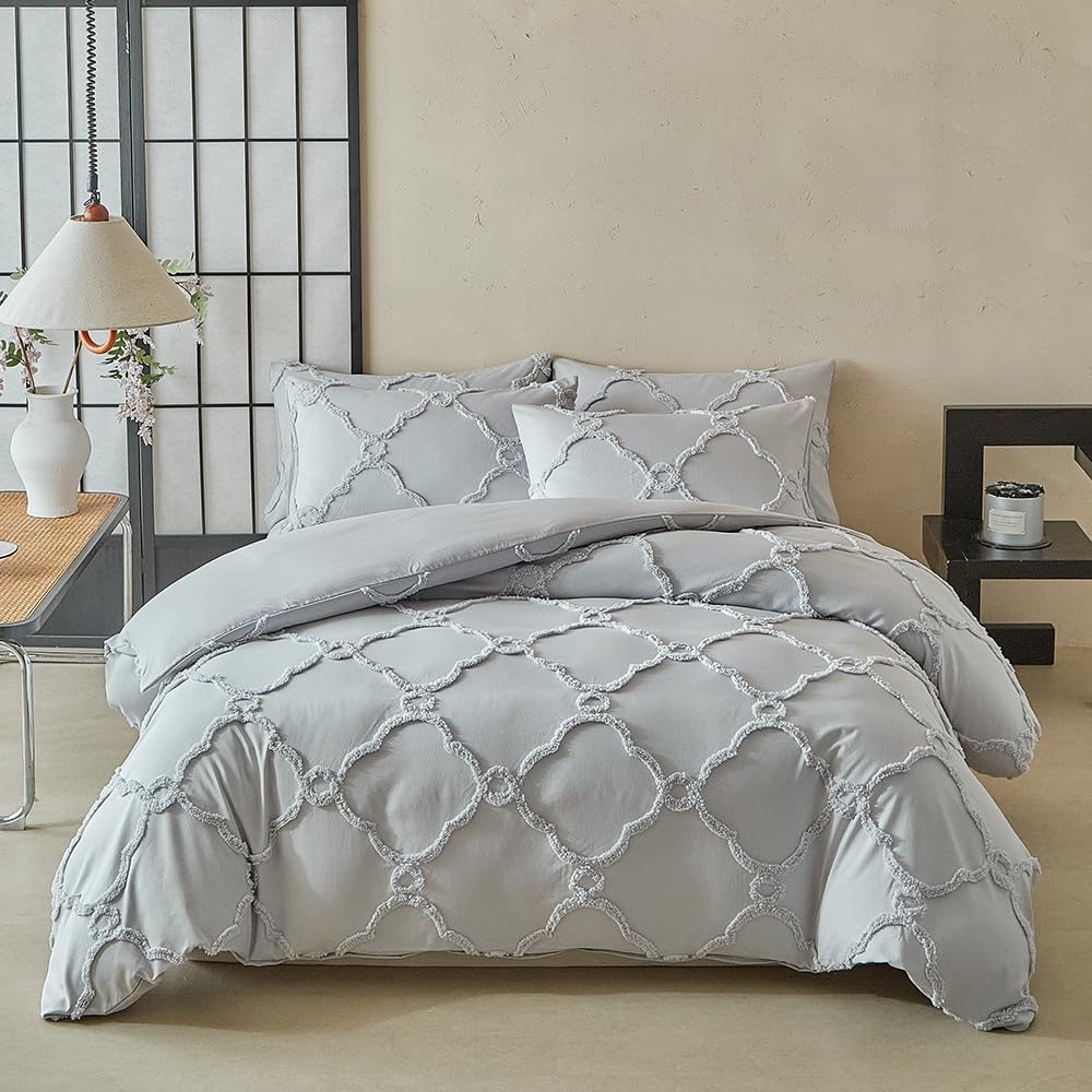 WPSJT006 - Set copripiumino trapuntato con motivo floreale, 3 pezzi, 3D in rilievo, stile bohémien, 1 copripiumino e 2 federe