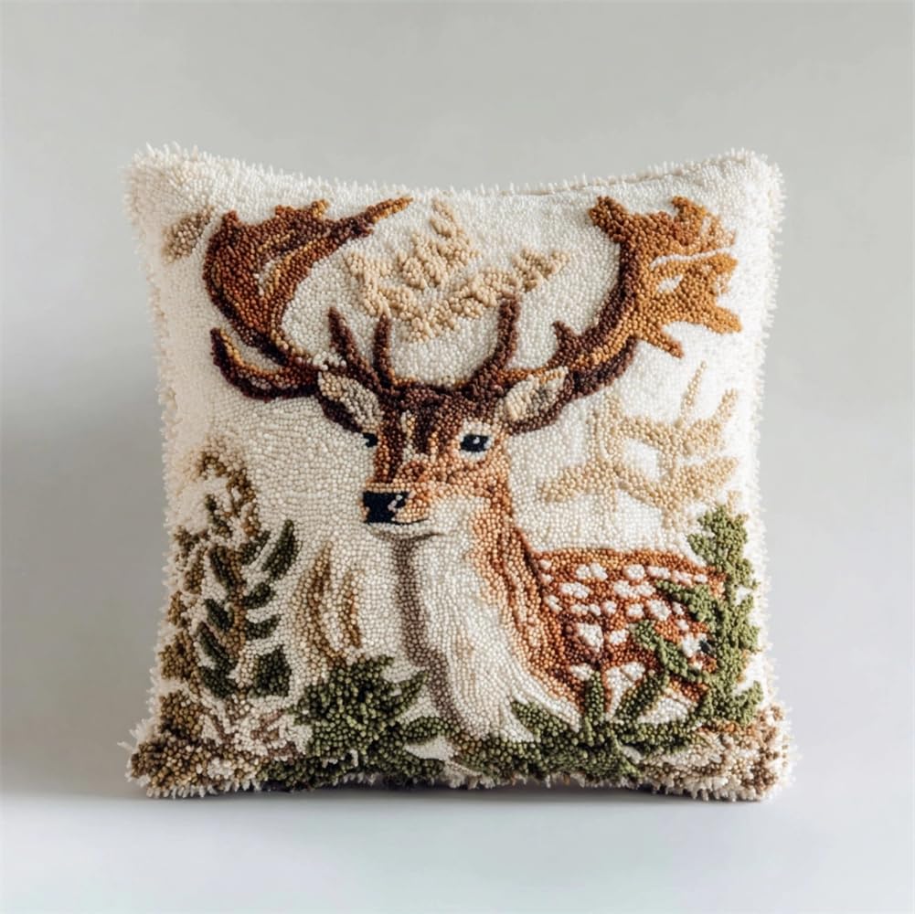 kitphoenix 3D Pillow Latch Hook Embroidery Kits White Fallow Deer DIY Pillow Materials Package Crocheting Rug Yarn Cushion Embroidery Set Fit for Beginners Embroidery Kit Pillowcase Cushion 17X17Inch