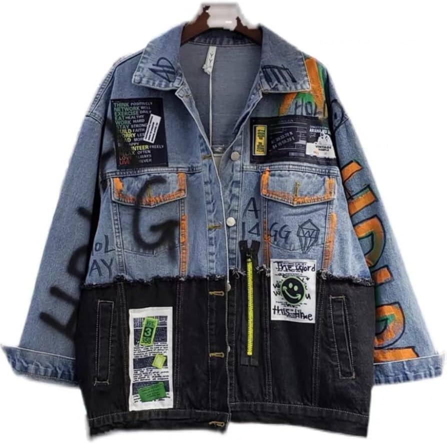 Jean Jacket Women Streetwear Spliced Graffiti Print Denim
