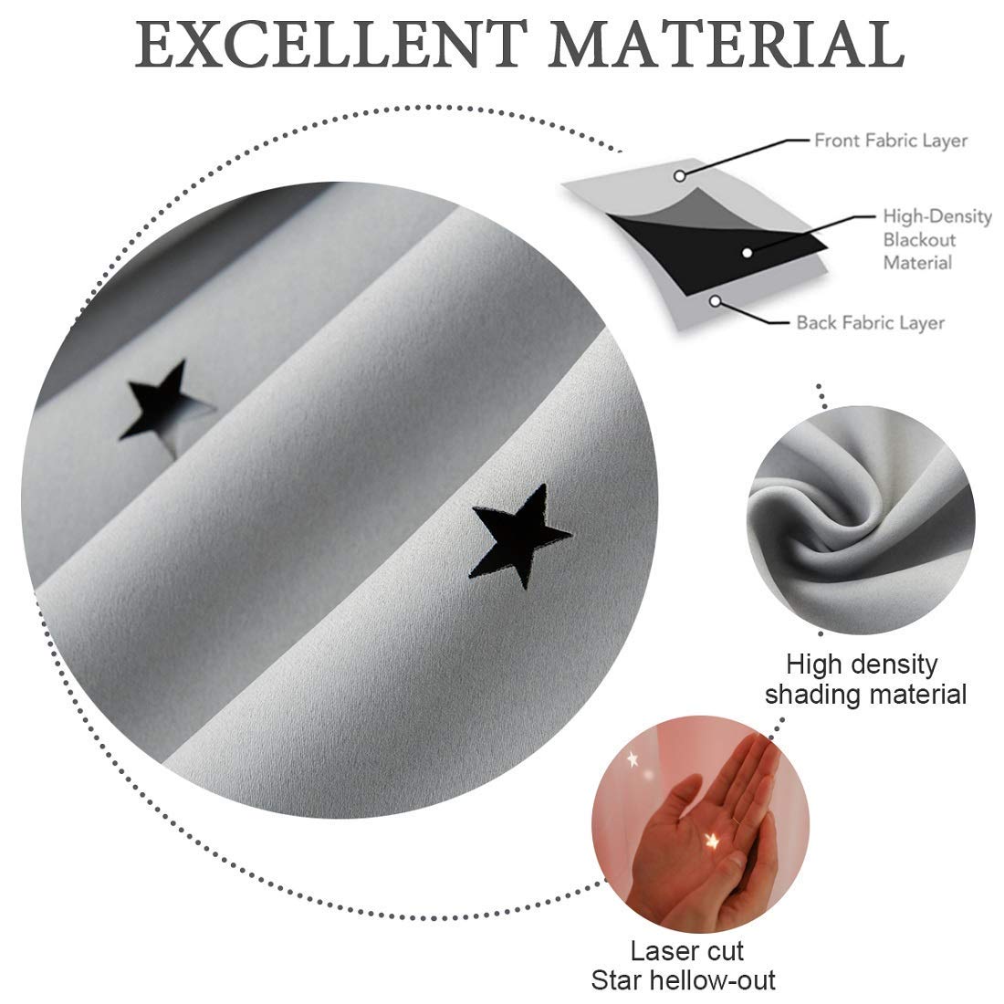 UNISTAR 2 Panels Stars Blackout and Sheer Curtains for Bedroom Kids Baby Room, Double Layer Star Cut Out Living Room Window Curtain, W34 x L84 Inches Long, Grey