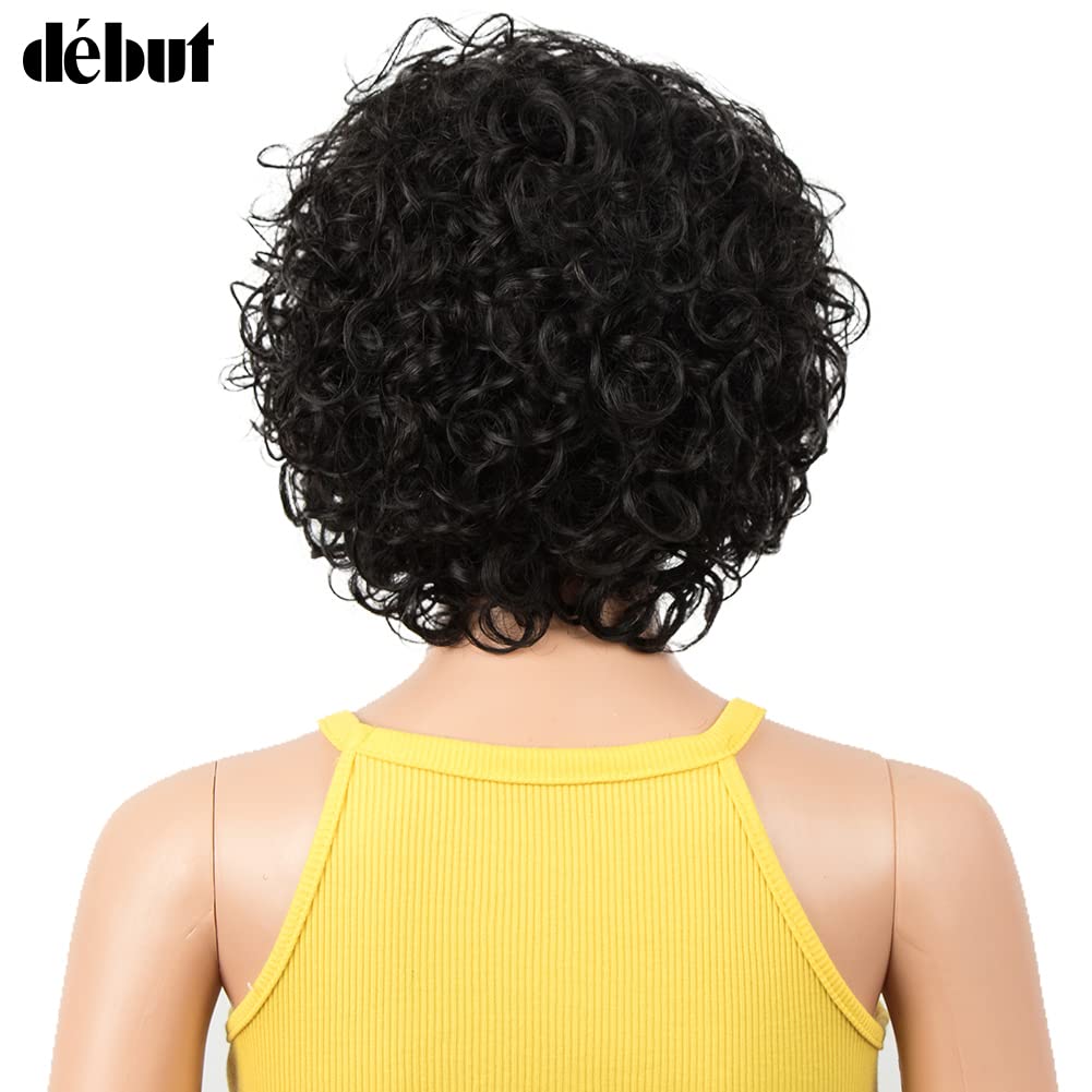 Kurze Bob Perücke mit Air Bangs Kurze lockige gewellte Echthaar Bob Perücke für Damen 25 cm 120g 130% Dichte (25 cm, Naturschwarz)