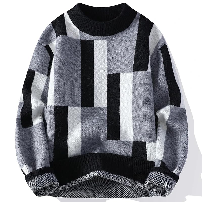 Autumn Winter Men's Knit Sweater Plaid Knitted Pullovers Men Casual Loose Warm Sweaters3