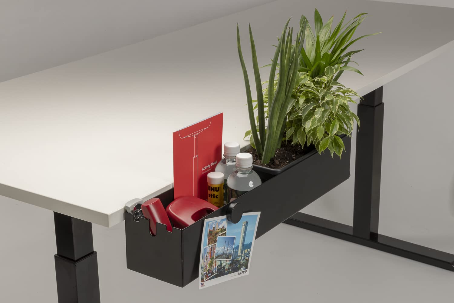 Multibox Schreibtischaufbewahrungsbox und Blumenkasten | Kabelwanne, Kabelkanal | Schreibtisch Aufbewahrungsbox (L - inkl. Blumentopf, Weiß,Schwarz,Silber) (Weiß)