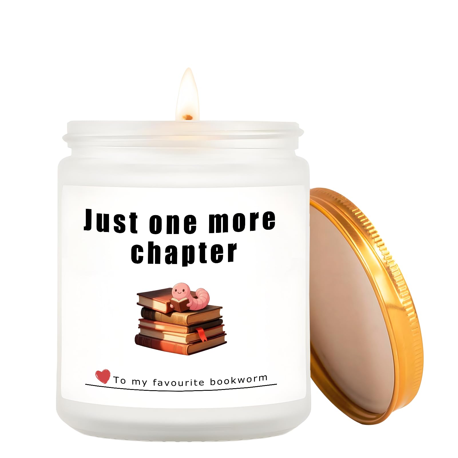 White soy wax candle in a glass jar engraved with Just One More Chapter
