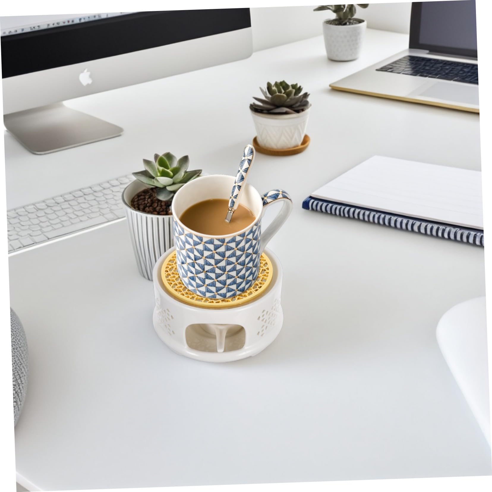 Keramik Teekannenwärmer mit Kerzenhalter, Heizfuß für Tee | Edelstahl Untersetzer, Kompatibel mit Glas Teekannen, für Kaffee Zuhause und Büro, Inklusive Löffel