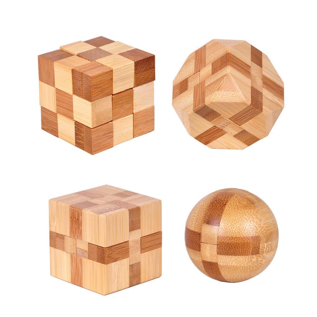 Azonee 4 Pack Wooden Puzzle Games Brain Teasers Toy 3D Puzzles For Teens And Adults Logic Wood Snake Cube Magic Ball Teaser Intellectual Removing Assembling