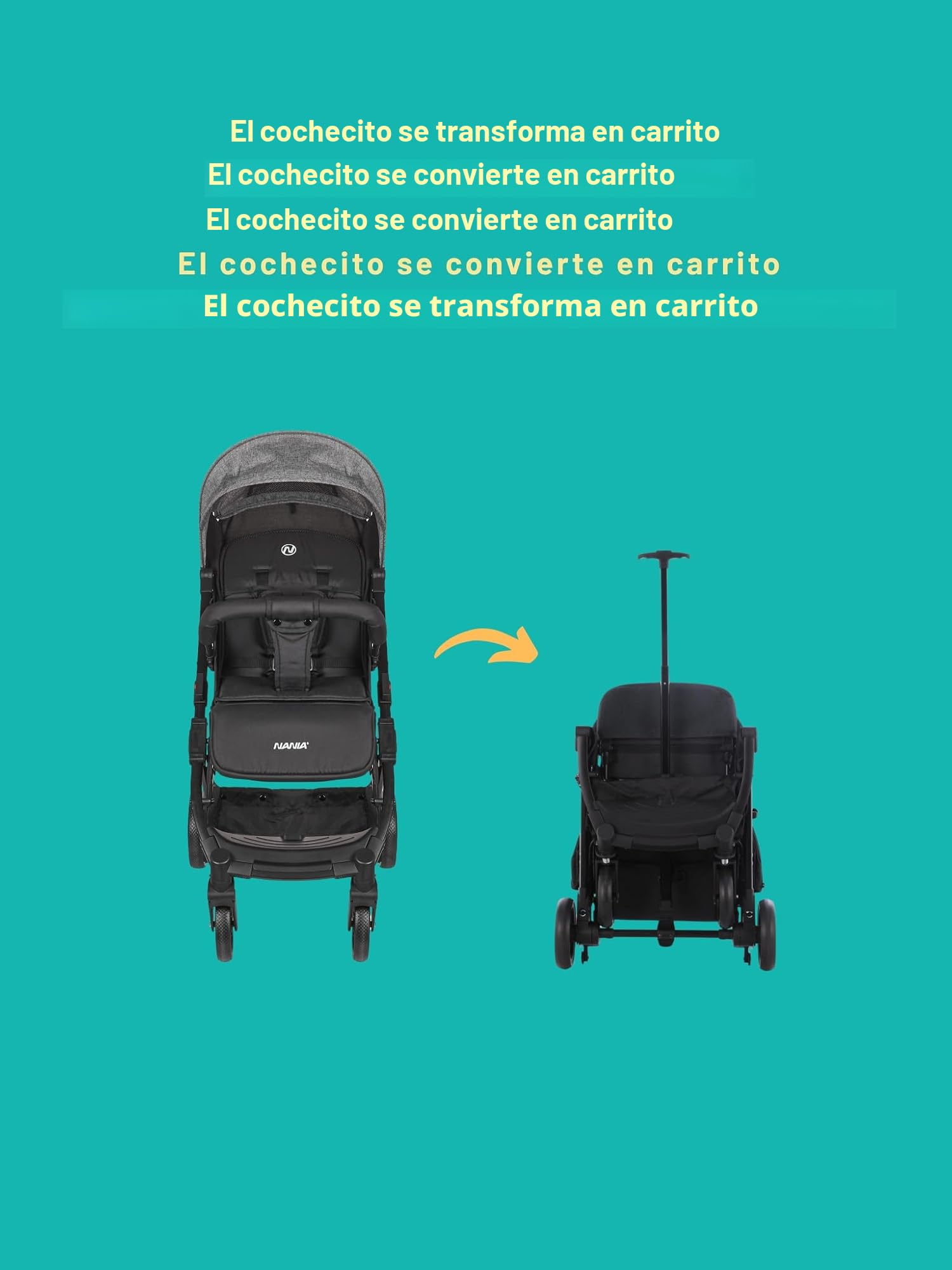 Nania Myla, cochecito compacto de caña reclinable con una mano, gran cesta, trolley, para 0 a 4 años (22 kg máximo), ligero (7,5 kg), cochecito urbano