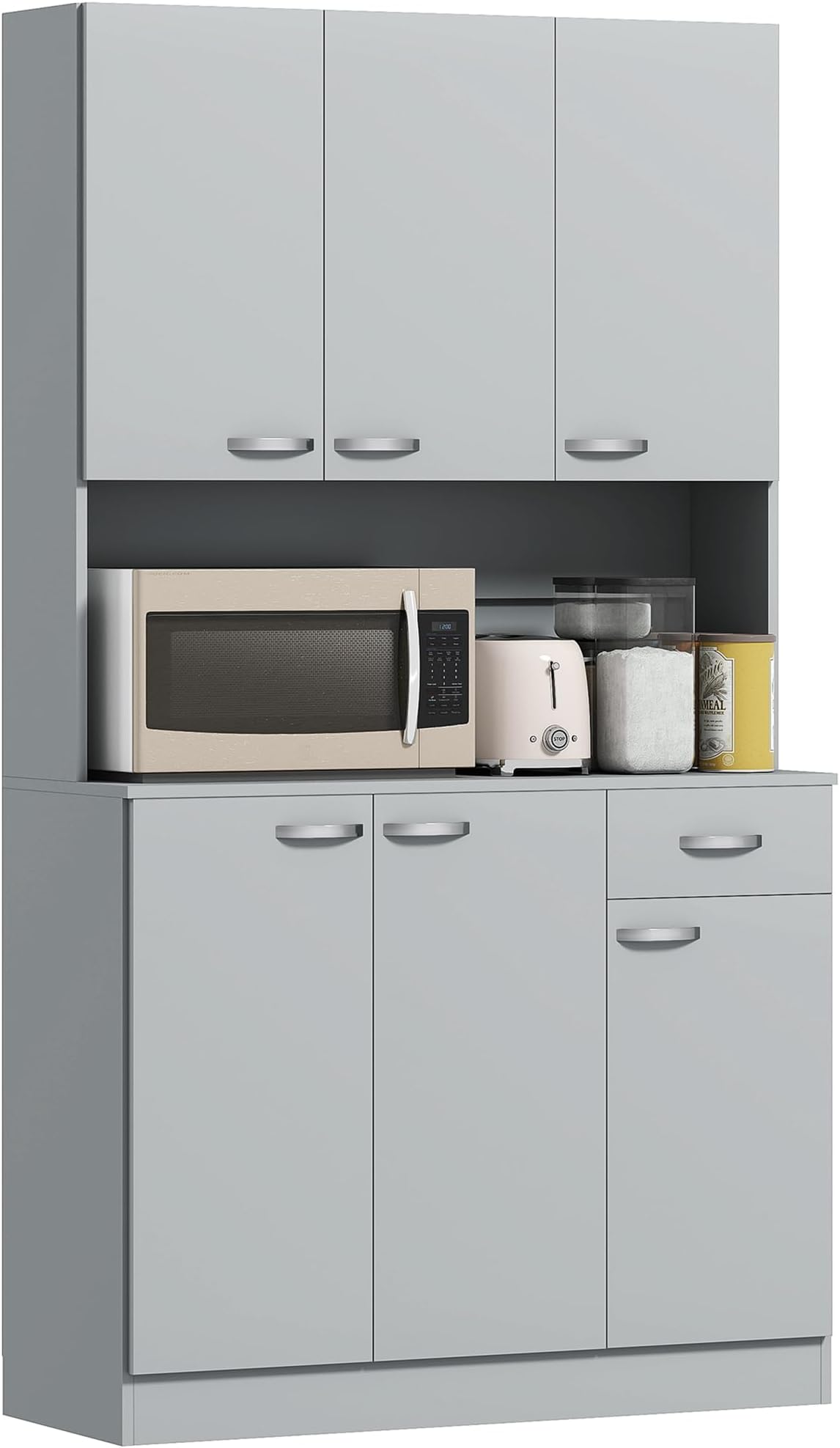 HOMCOM 71" Kitchen Pantry Cabinet, Tall Storage Cabinet with Microwave Stand, Buffet with Hutch, 6 Doors, Storage Drawer, 3 Adjustable Shelves for Living Room, Dining Room, Gray