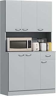 HOMCOM 71" Kitchen Pantry Cabinet, Tall Storage Cabinet with Microwave Stand, Buffet with Hutch, 6 Doors, Storage Drawer, 3 Adjustable Shelves for Living Room, Dining Room, Gray