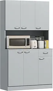 HOMCOM 71" Kitchen Pantry Cabinet, Tall Storage Cabinet with Microwave Stand, Modern Kitchen Hutch with Countertop, 6 Doors, Storage Drawer, 3 Adjustable Shelves for Living Room, Dining Room, Gray