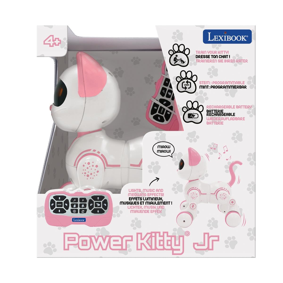 Lexibook, Power Kitty Jr., Gatto telecomandato da addestrare, Si dimena Come Un Vero Gatto, Occhi interattivi, STEM programmabile, Batteria Ricaricabile, Rosa/Bianco, KIT01LXB