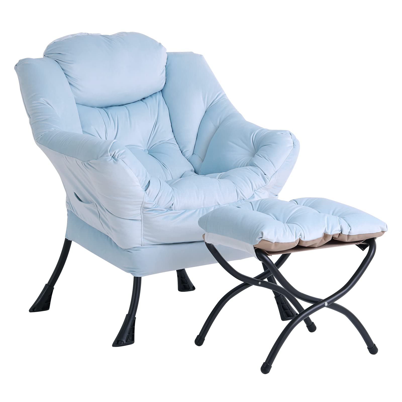 LITA Modern Lazy Chair with Ottoman, Accent Contemporary Lounge Chair Single Leisure Upholstered Sofa Chair Set with Armrests and a Side Pocket, Reading Chair for Living Room & Bedroom,Blue