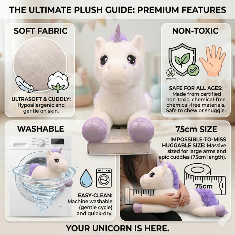 Image of HUG 'n' FEEL SOFT TOYS 75 cm White Unicorn Soft Toy - Big Size Plush Unicorn Stuffed Animal | Ultra Soft Huggable Doll for Girls & Kids | Birthday Gift, Valentine & Room Decor