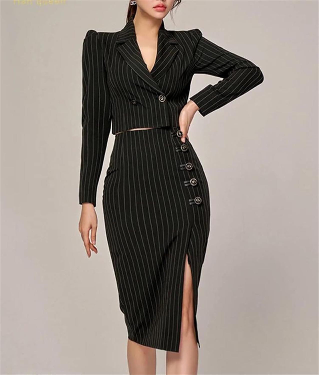 Women’S Fall Winter Stripes 2 Piece Suits Elegant Blazer Simple Sheath Pencil Skirts Casual Set Blazer Pencil Skirt Sets