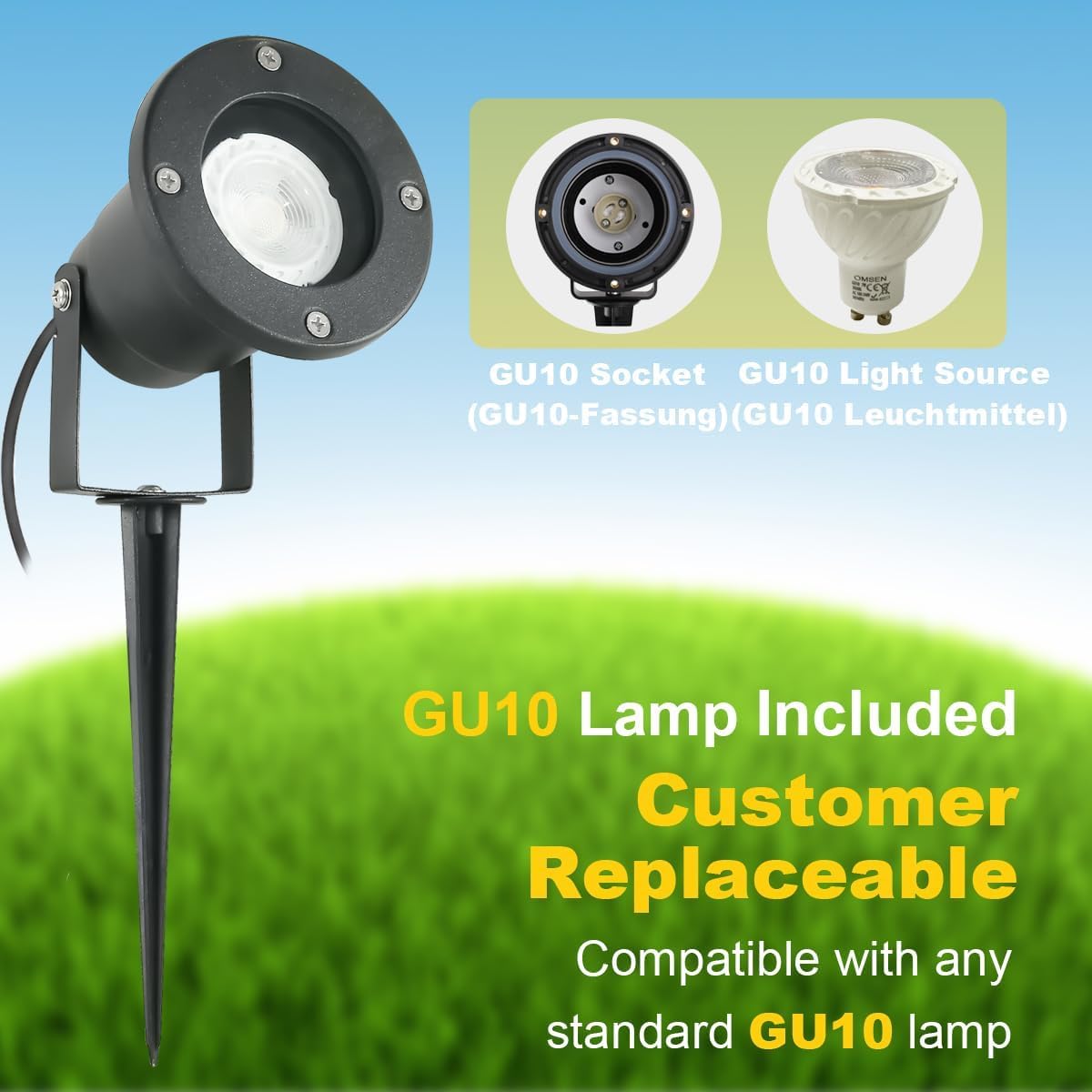 OMSEN Focos LED de Jardín con Estaca Luz Verde, Bombillas GU10 Reemplazables, Cuerpo de Aluminio IP67, Focos Exterior Jardin Verde para Paisaje, Árboles, Plantas, Césped, Kit de 4