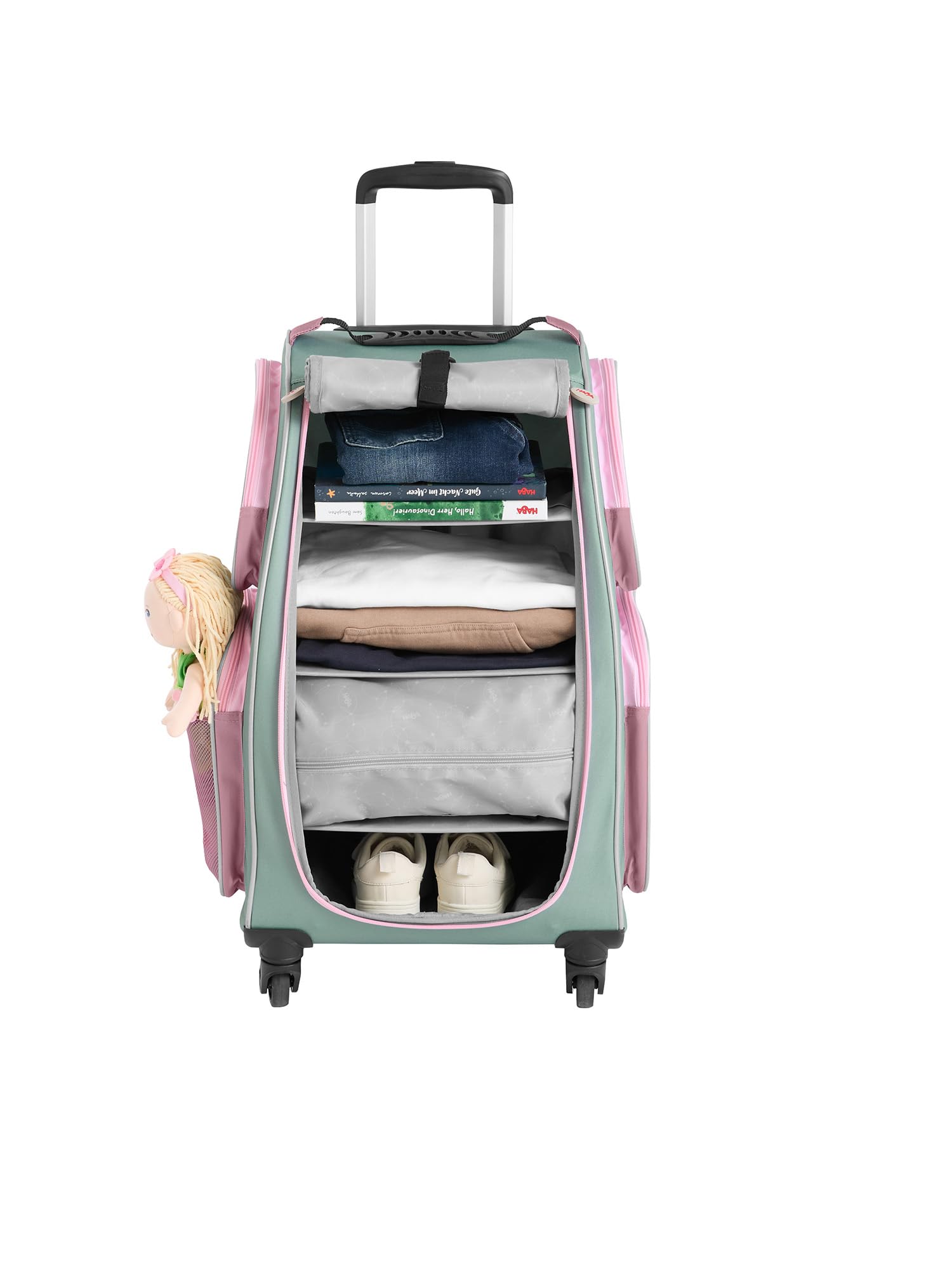 HABA Valise armoire enfant - Valise enfant en polyester recyclé + sac à linge sale, 3 tablettes amovibles, 4 poches extérieures et 4 roulettes - A partir de 5 ans - 1442797001, Sauge, Mittelgroß