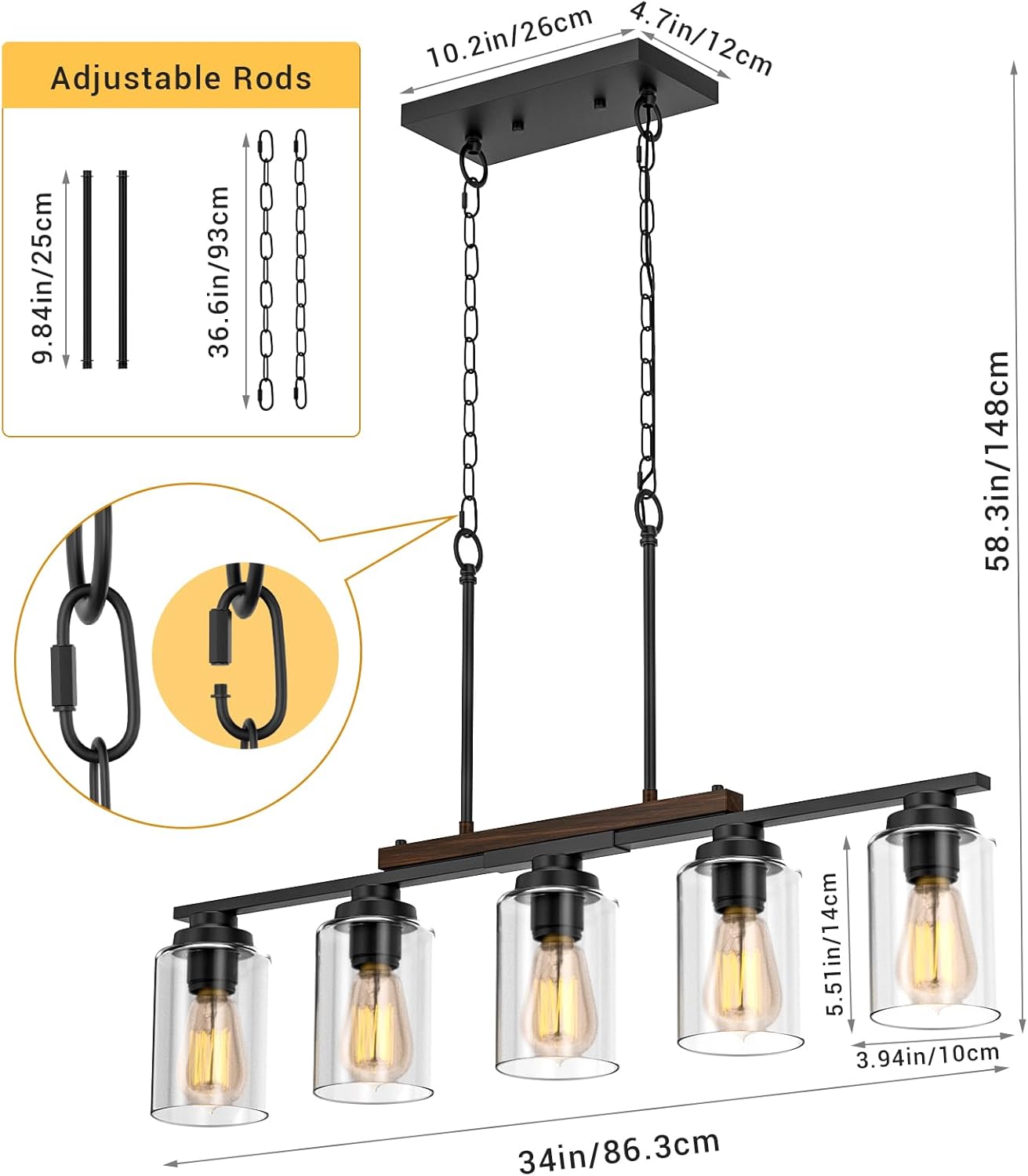 Dining Room Light Fixture, 5-Light Kitchen Island Lighting Modern Farmhouse Chandelier Over Table, Black Rustic Wood Ceiling Pendant Lights Kitchen Island with Clear Glass Shade & Adjustable Height