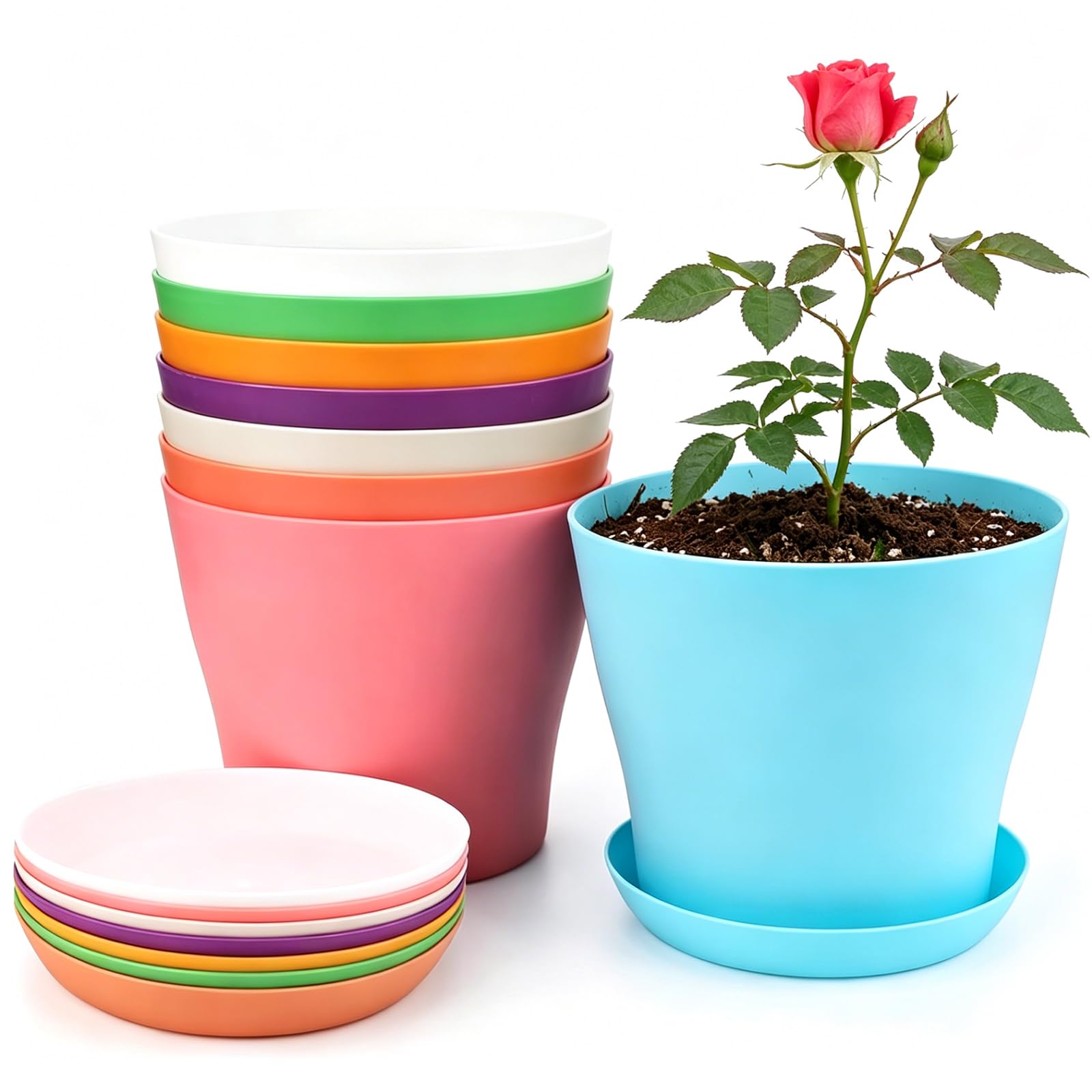 PUHTUOY Plastic Plant Pots 8 Pack, 12cm Flower Pots with Drainage Holes and Trays, Colourful Indoor Outdoor Planters for House Plants, Herbs,Succulents and Seedlings 8 Colors (12cm)