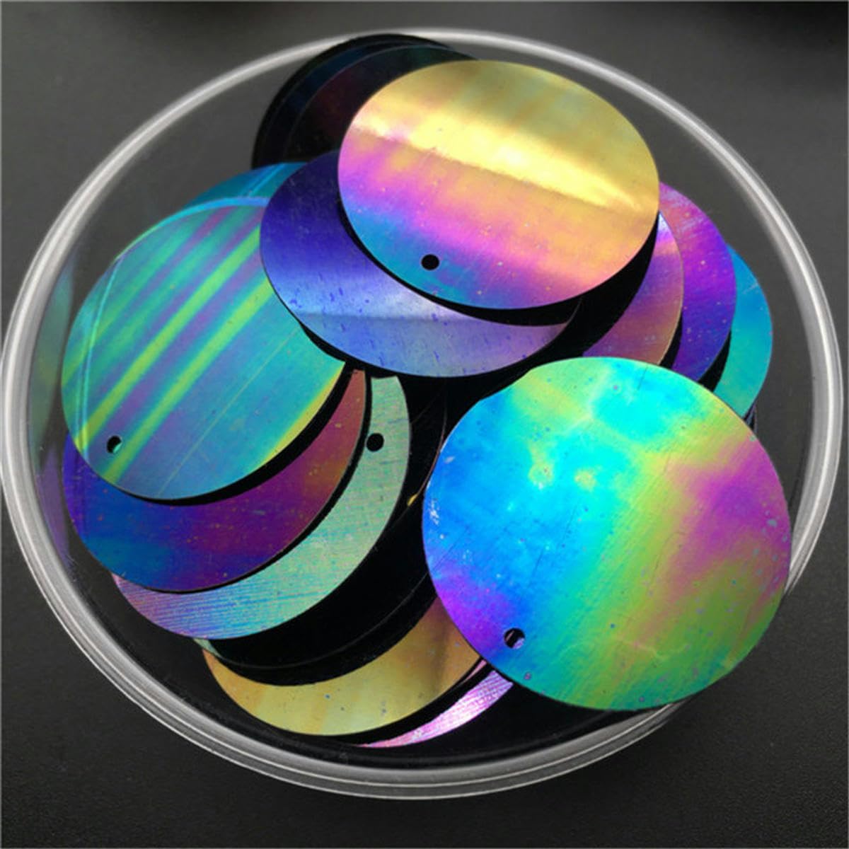10mm 15mm 20mm 25mm 30mm PVC Piatto Tondo Sciolto Paillettes Paillettes Cucito Accessori Artigianali per Matrimoni con 1 Foro Laterale-Laser Green-15mm 150g