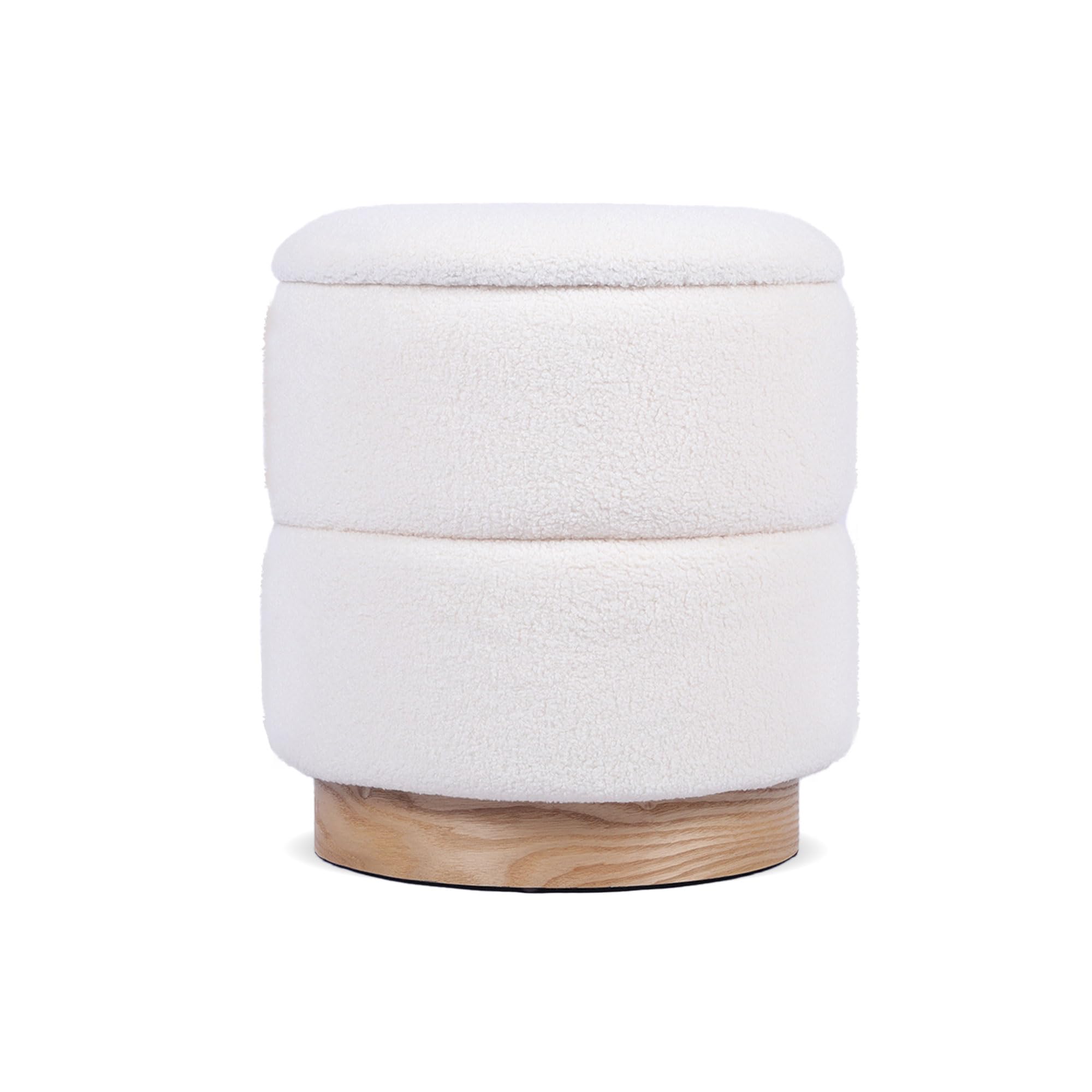 Pouf Coffre ROMÉO en Tissu Bouclette Blanc – Tabouret de Rangement Style Scandinave et Art Déco avec Base Bois Apparente – Pouf Rigide Chic et Pratique pour Salon ou Chambre – 37 x 37 x 42 cm