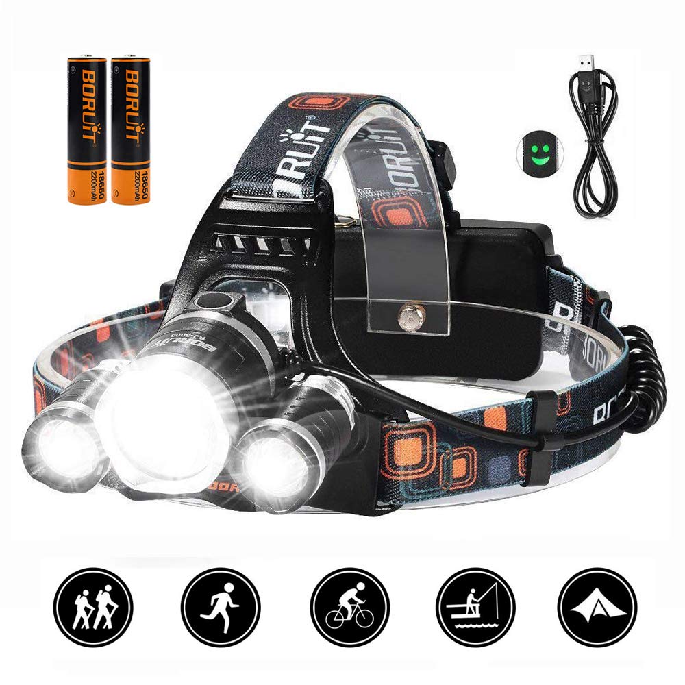 Head Torch Waterproof LED Headlamp Headlight with 4 Modes,6000 Lumens Hard Hat Light Super Bright Flashlight USB Cable Rechargeable LED Night Light for Running, Hiking,Fishing Outdoor Sports