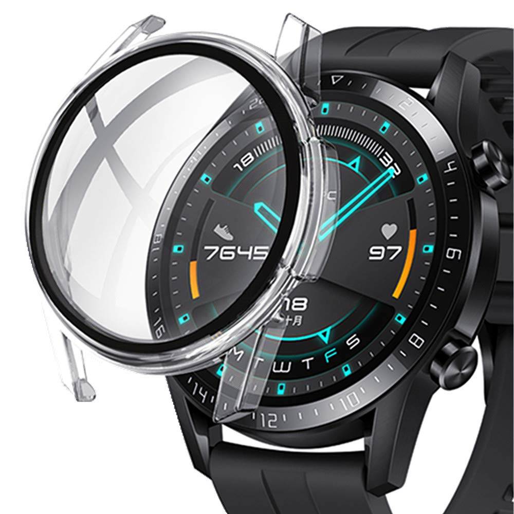 YrzperCompatible for Huawei GT2 Watch Screen Protector 46mm Ultra Thin HD Tempered Glass Screen Protection Overall Protective Case Matte Hard Cover Defense Edge for Huawei GT2 46MM Black&Clear