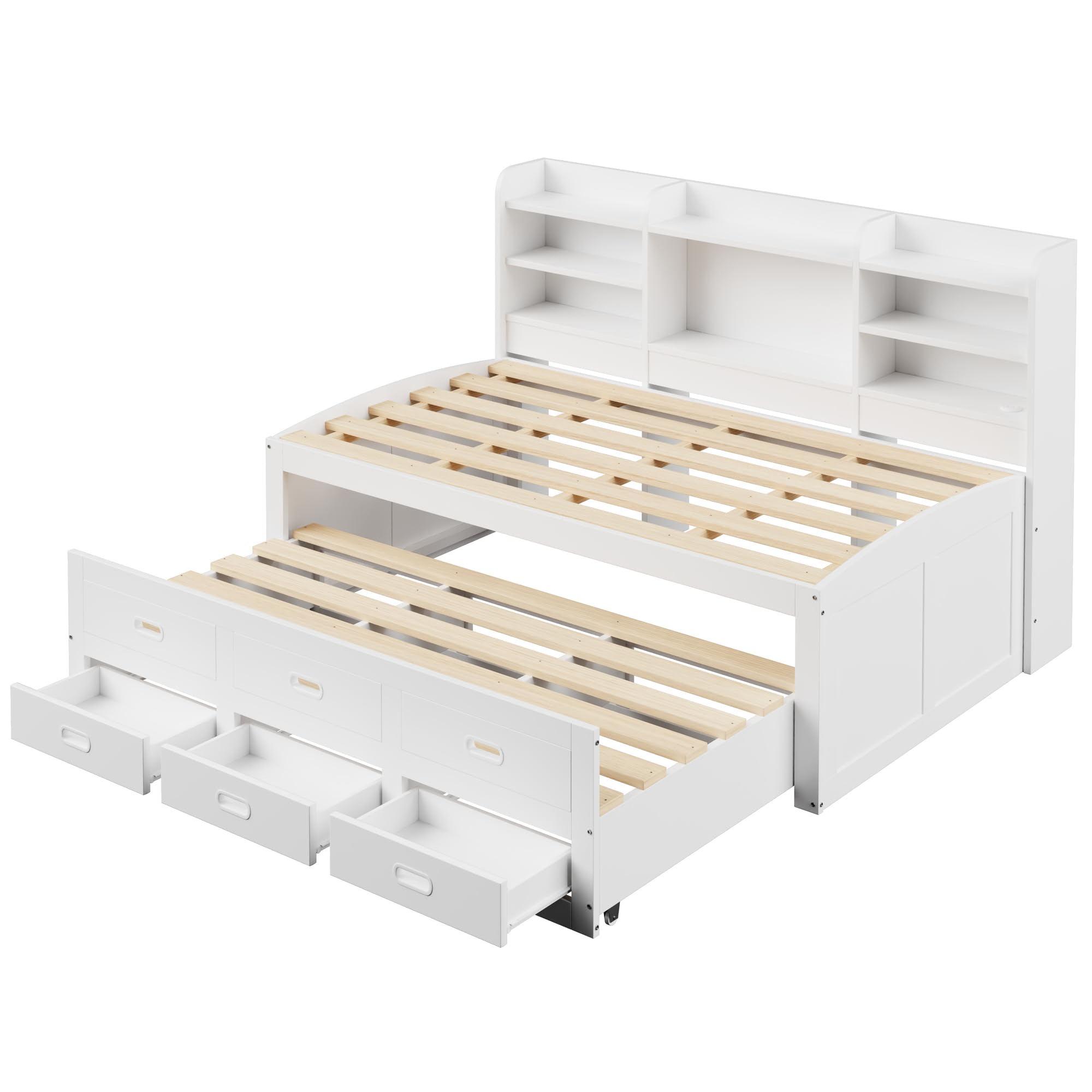 Sofá cama, cama de día, diurna, mando a distancia LED, 3 cajones, mesita de noche, cama extensible multifuncional con USB+Type-c, sin colchón, blanco (90 x 200 cm)