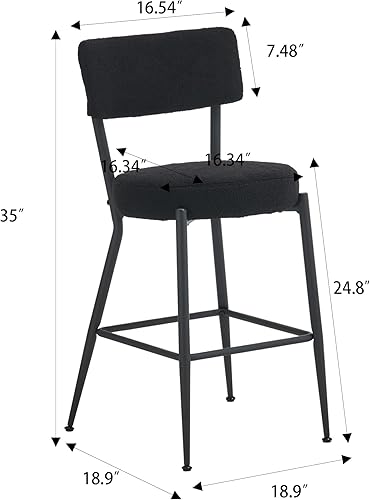 Miniatura 3 de Juego de 2 taburetes de bar tapizados de tela de peluche con respaldo, sillas de bar de comedor tapizadas modernas con patas de metal y reposapiés