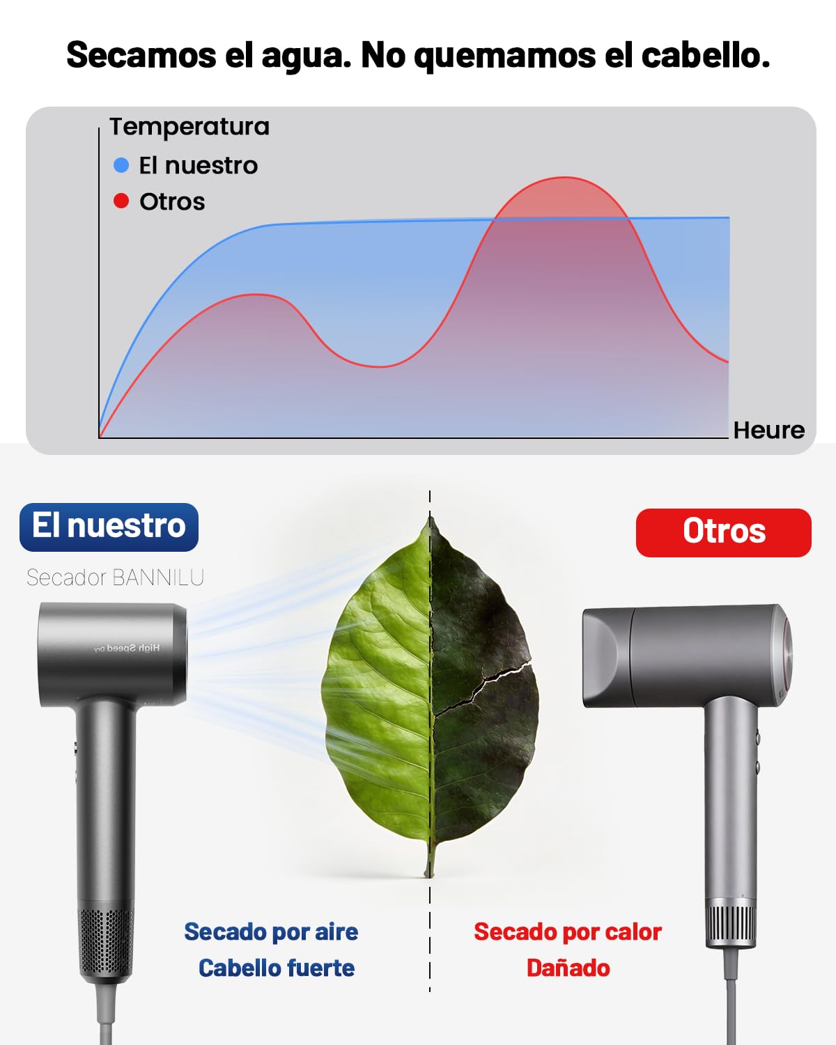 Secador de Pelo Iónico de Alta Velocidad, Ligero, Motor Sin Escobillas 160.000 RPM, Secado Rápido, Anti Encrespamiento, Bajo Ruido, con Difusor y Boquilla, Enchufe UE, Gris