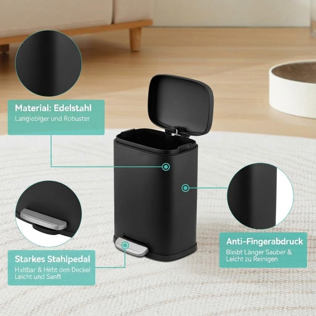 GarveeHome 5L Treteimer Edelstahl, Soft-Close, Anti-Fingerabdruck, Schwarz | Rostfrei; Abfalleimer; Inneneimer; Bad; Küche; Büro; Hygiene; Geräuschlos; Robust; Schmal; Kompakt; Kosmetikeimer; Tretpedal