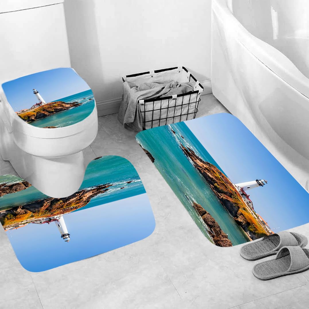 Alfombra Baño Faro Juego De 4 Alfombras De Baño Lavable,Alfombra Baño Secado Rapido - Alfombra De Baño*1+Tapa del Inodoro*1+ Alfombra*1 Tipo U+Cortinas De Baño180X180 50×80Cm