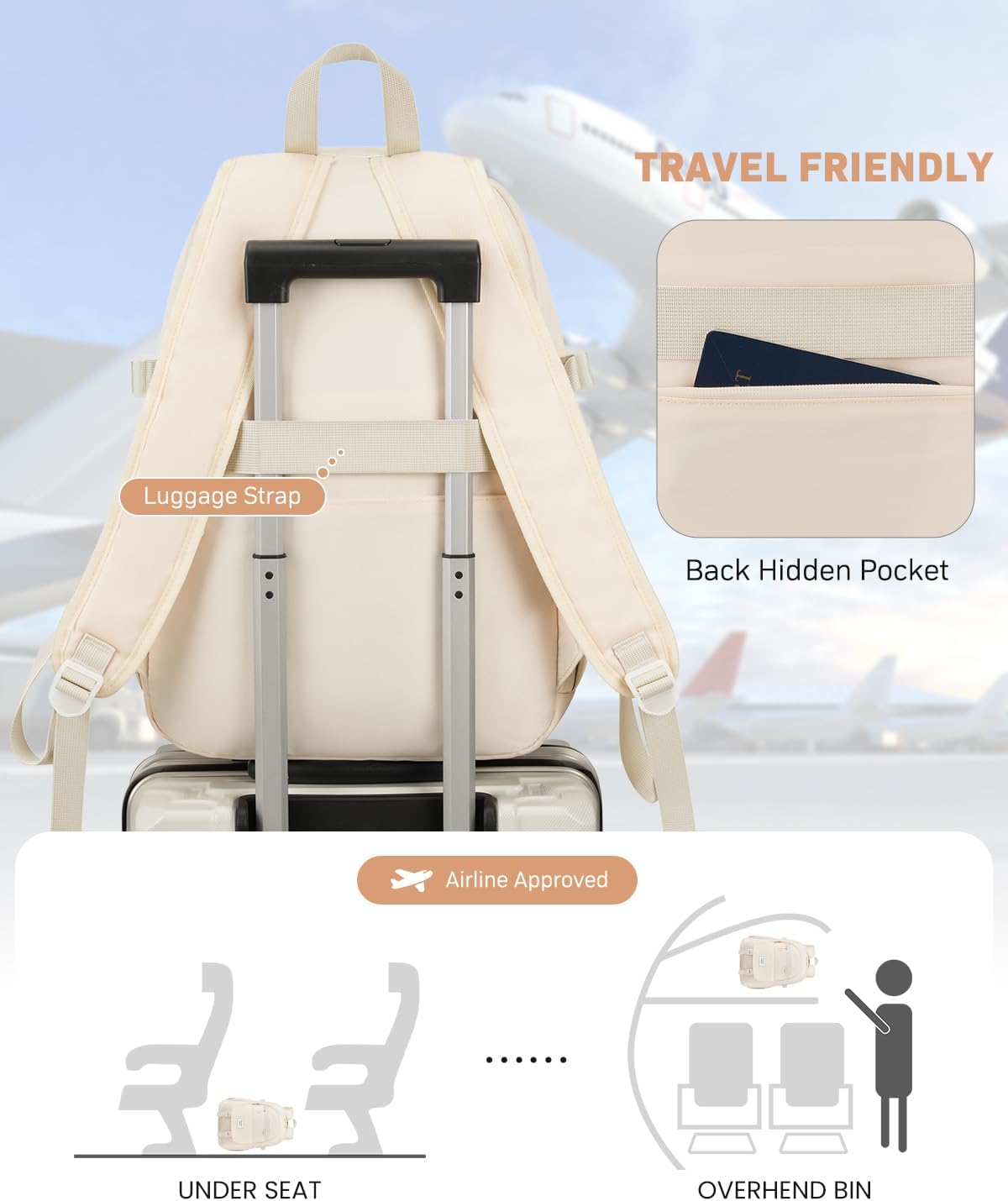 KROSIAS School Backpack for Teen Girls, 15.6 Inch Laptop Backpack Women Kids Bookbag for Middle High School Cute College Bag for Students, Beige