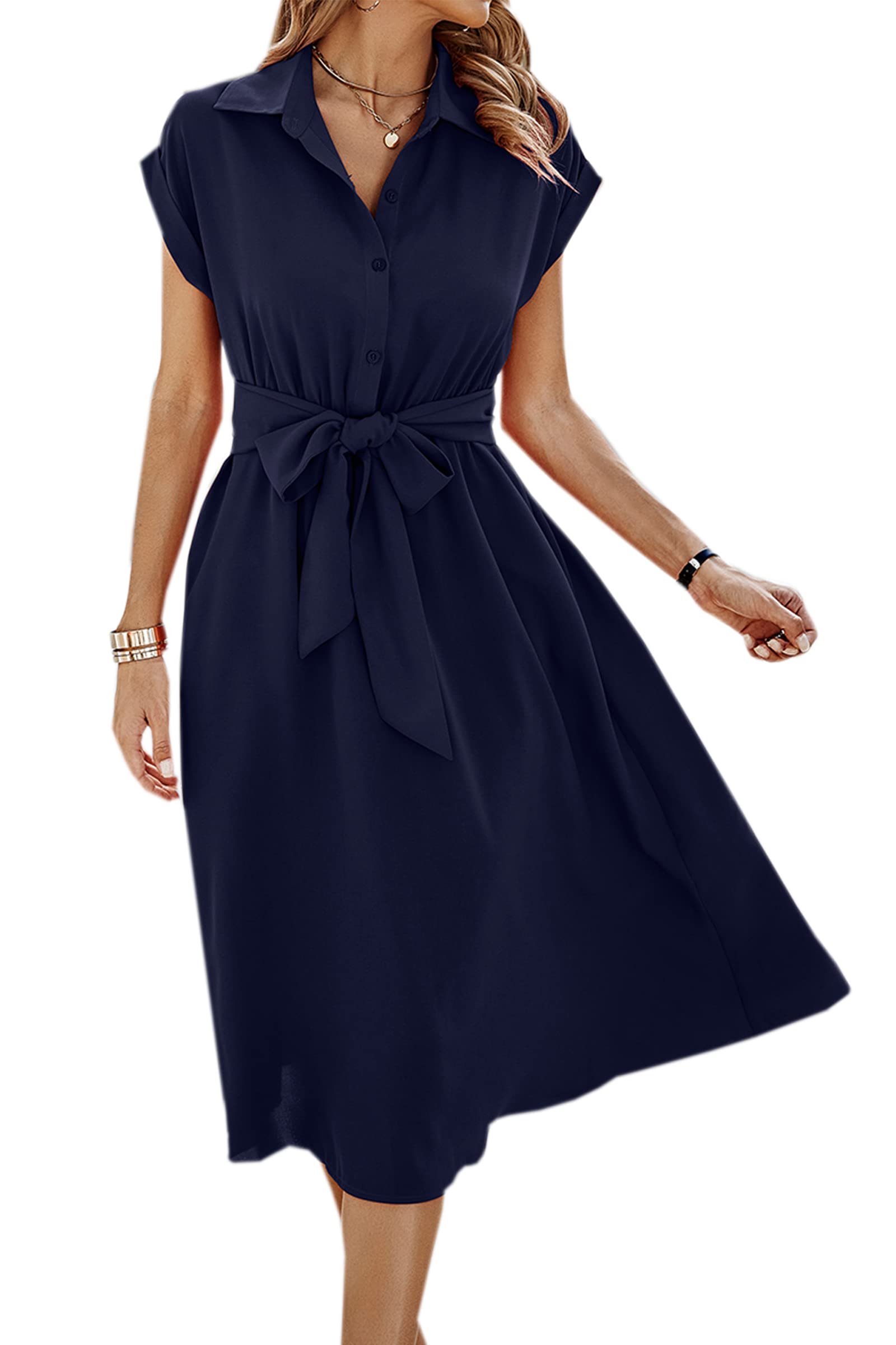 ASOMI Robe d'été pour femme, robe de cocktail, robe de plage, décontractée à manches courtes, col en V, robe midi avec ceinture, bouton de poche, bleu marine, S