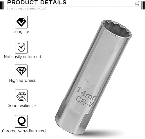 Miniatura 3 de gunhunt 1 llave de enchufe de bujía de automóvil, interfaz de 8/3 pulgadas, 12 esquinas de 0.551 in, herramienta de desmontaje de bujía ultrafina,