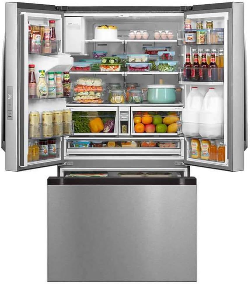 Interior view of the Midea MRF29D3AST refrigerator with doors open and shelves filled with food