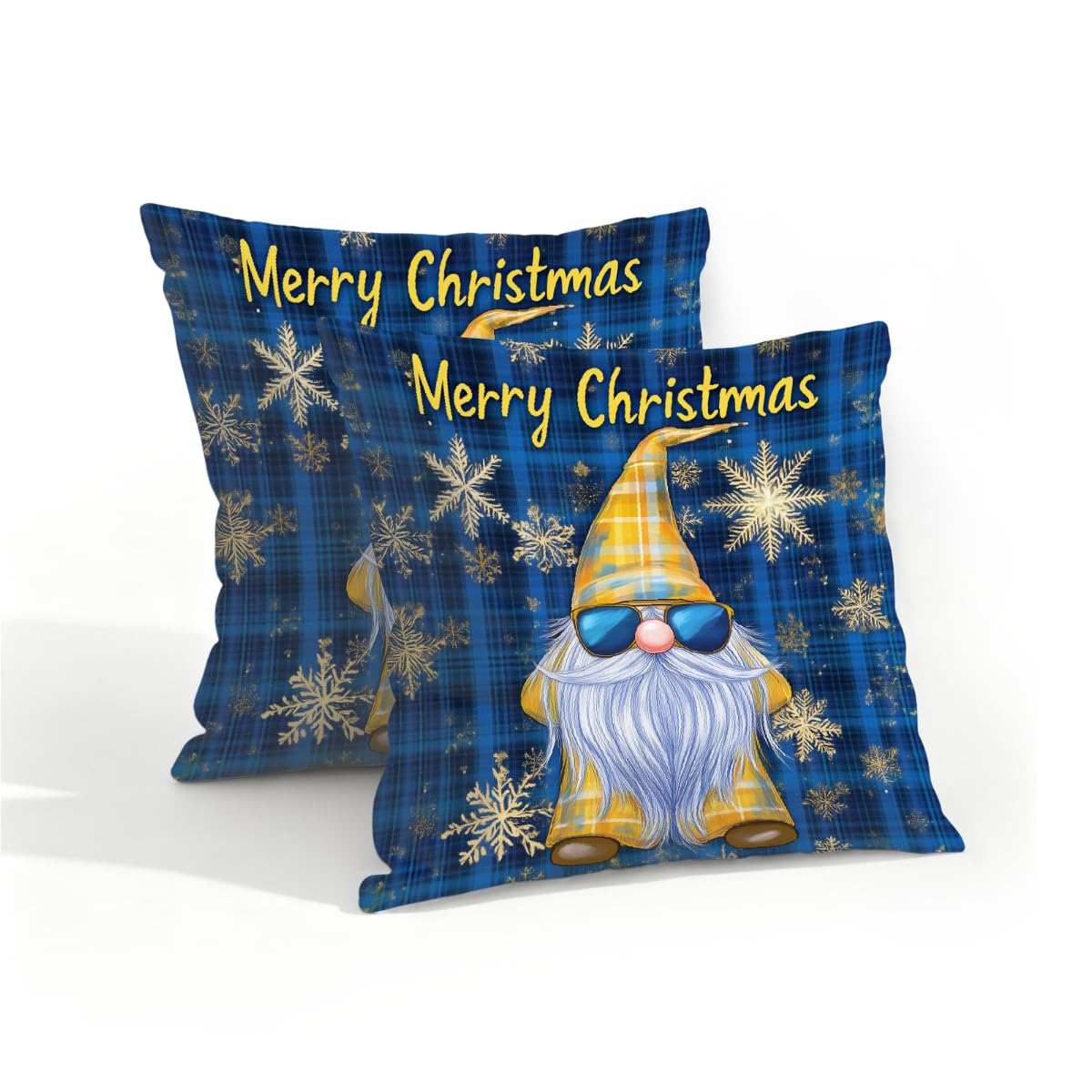 Outdoor Pillow Covers Waterproof Pillowcases 16x16IN Set of 2 Merry Christmas Funny Gnome On Blue Tartan Decorative Throw Cushion Case for Couch Sofa Garden Patio Furniture