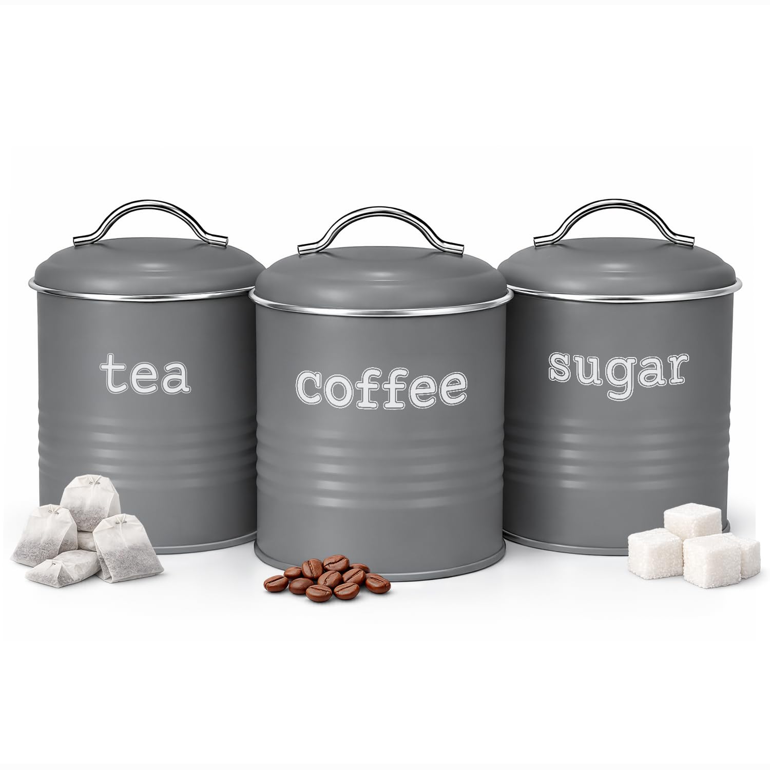 Winsome Charcole Tea Coffee And Sugar Canisters Set | 3-Piece Kitchen Canister Sets With Airtight Lids | Charcoal Lightweight Sugar Tea Coffee Canisters (Charcole)