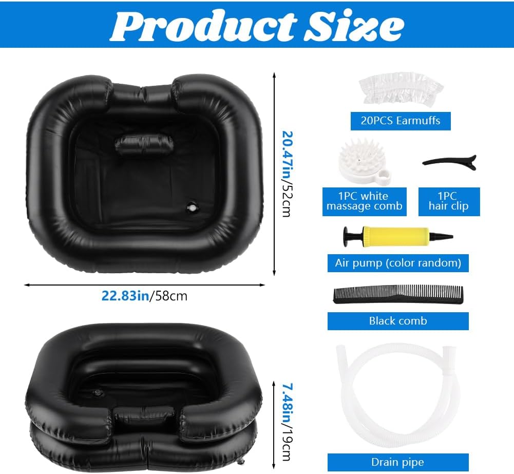 Inflatable Shampoo Basin, Portable Wash Hair in Bed with Inflatable Shampoo Bowl Include Massage Comb 1 Pump 20 Ear Muffs for Bedridden Disabled Injured Elderly Pregnant Women
