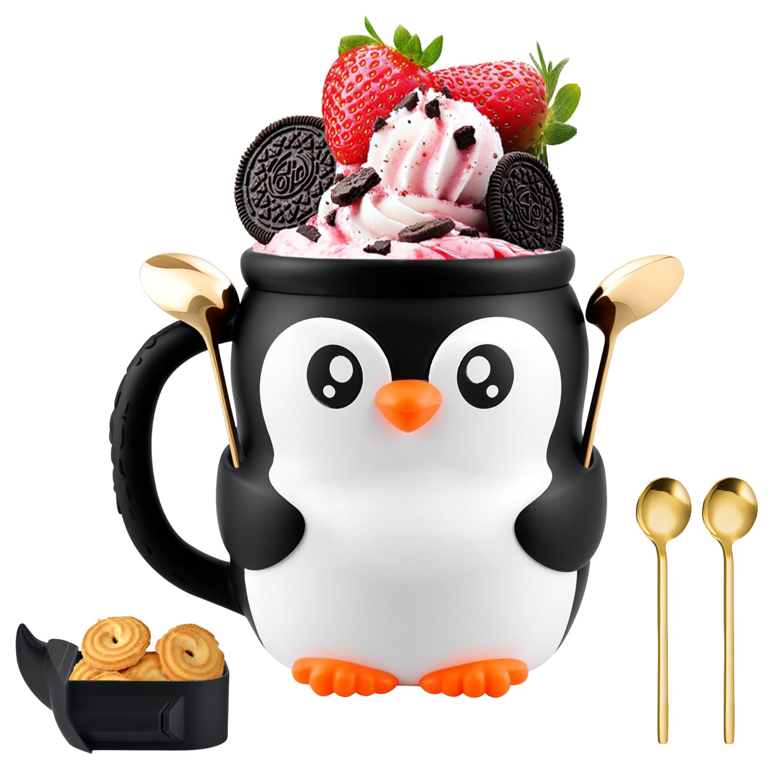 Pipihome Penguin Ice Cream Pint Holder, 3D Ice Cream Tubs Easter Gifts for Kids, Cute Icecreams Cups Cooler Container with 2 Spoon & Secret Drawer, Easter Decorations for Home/Table